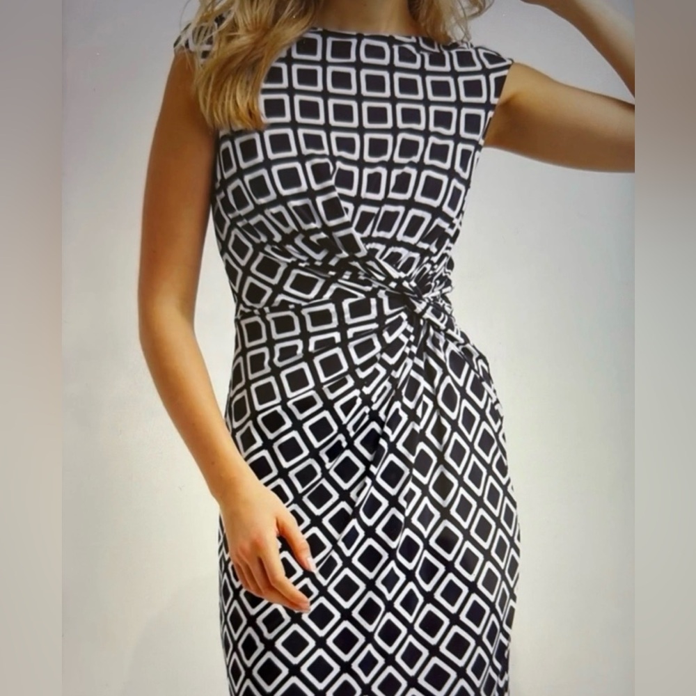 Lauren Ralph Lauren Grey & White Geometric Knot-Waist Midi Dress Size 0